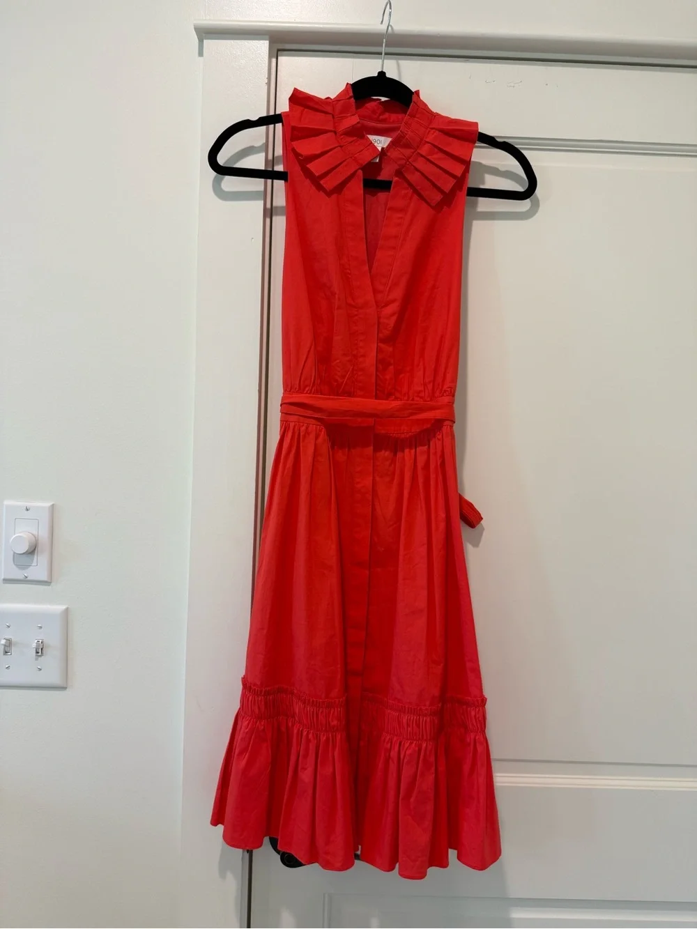 1901 Coral Red Sleeveless Dress with Ruffle Details